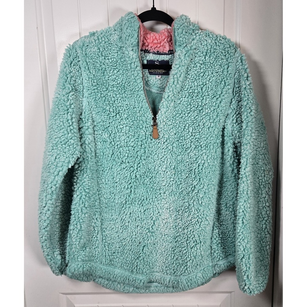 Women's Simply Southern M Mint Pink Collar Faux Fur Sherpa Pullover 1/4 Zip